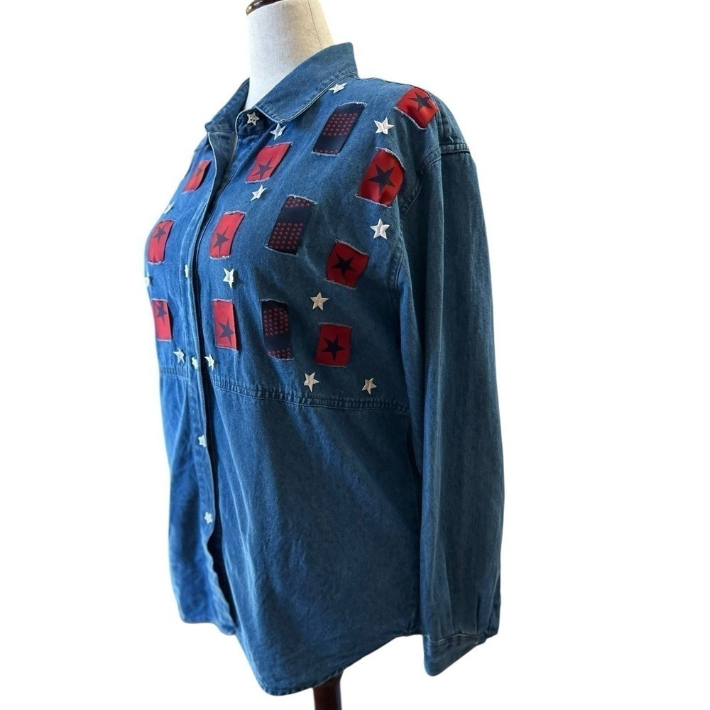 Vtg Denim Stars Stripes Shirt Top Size XL Button Up Primitive Patriotic Country - Picture 4 of 7